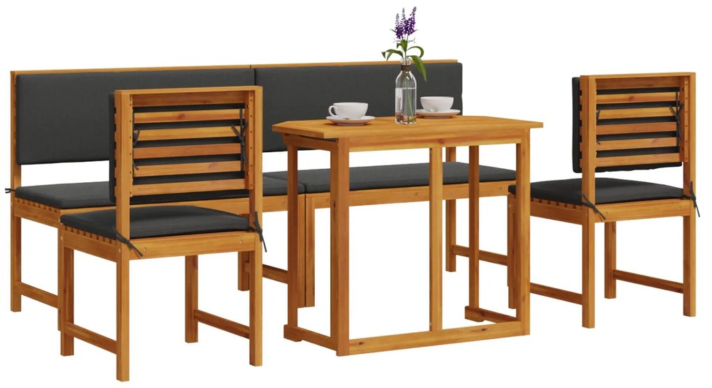 Set da pranzo per il giardino a 5 pezzi con cuscini in legno massiccio di acacia