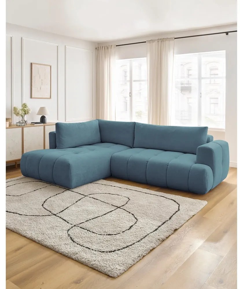 Divano angolare blu allungabile e con contenitore (penisola a sinistra/a L) con rivestimento in ciniglia Fuji – Bobochic Paris