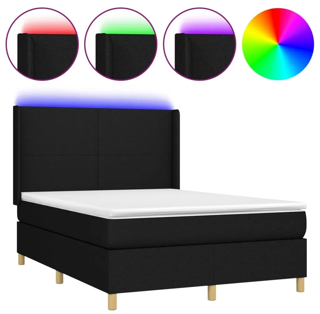 Letto a molle con materasso e led nero 140x200 cm in tessuto