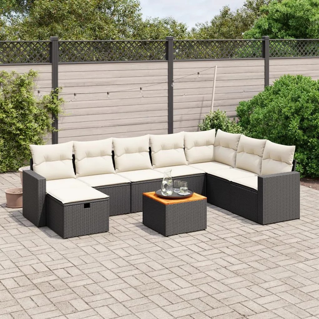 Set Divani da Giardino 9 pz con Cuscini Nero in Polyrattan