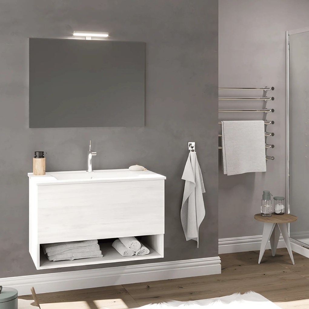 Mobile Bagno Sospeso 80 Cm Un Cassetto Con Vano a Giorno Specchio Con Lampada Led 100x60 Cm Savini Due "Oslo"