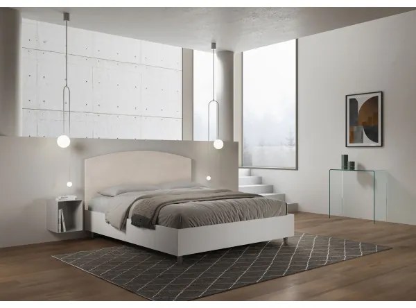 Letto contenitore da 160x190 in legno bianco e testata in microfibra sabbia Antilia