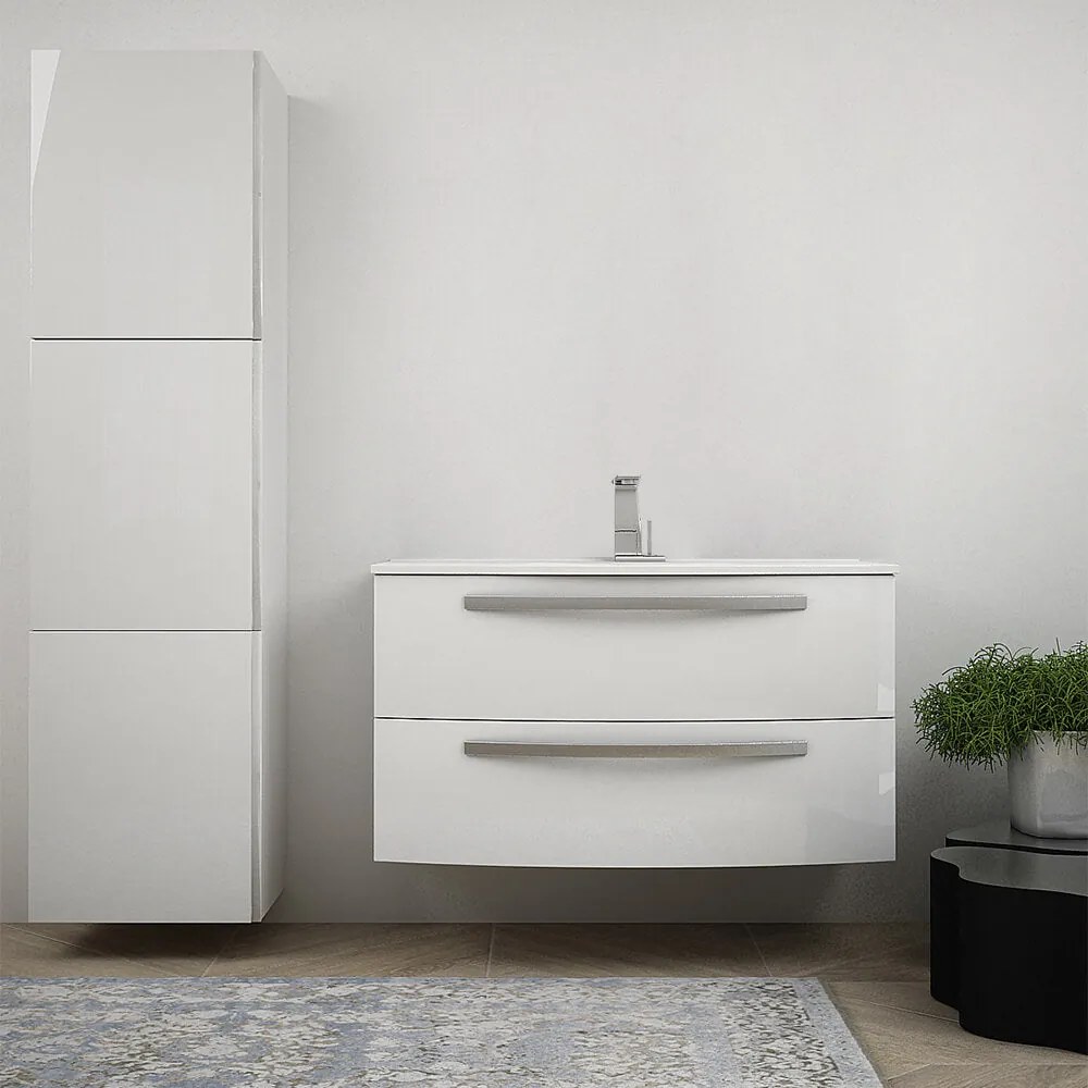 Mobile per bagno bianco lucido 100 cm sospeso bombato - Berlino con colonna da 170 cm