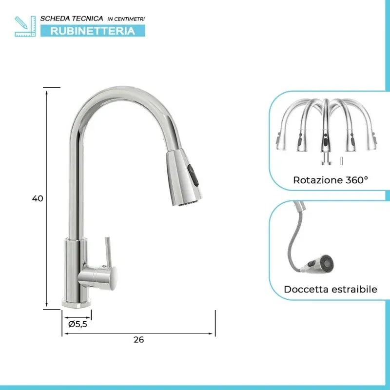 Miscelatore cucina cromato in acciaio inox con doccetta estraibile