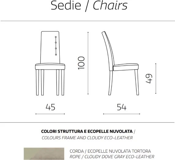 Sedia ecopelle nuvolato con 4 bottoni laterali gambe in legno SIDE Tortora Set da 2