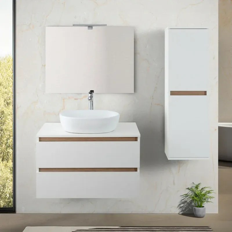 Pensile bagno sospeso 112 cm bianco e rovere con ante soft-close Kleo