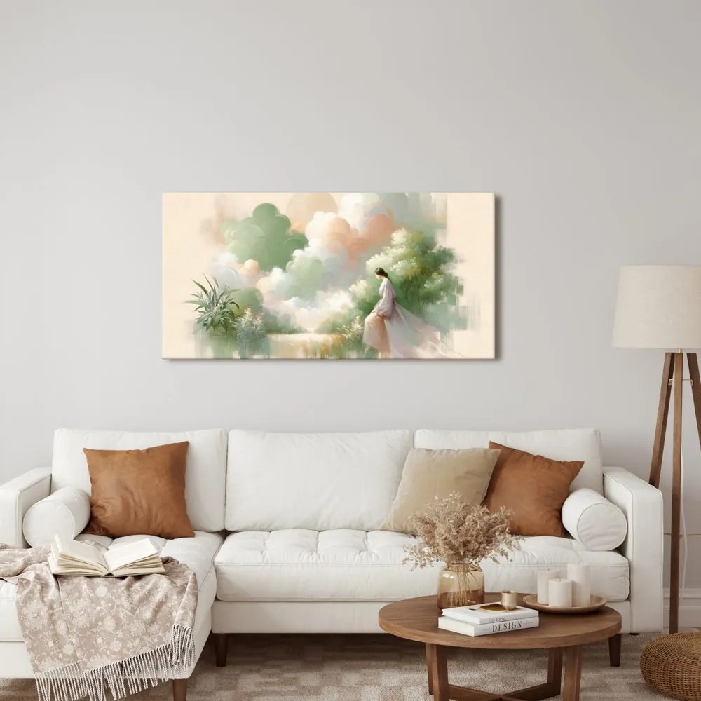 Quadro su tela – Donna sognante in toni pastello