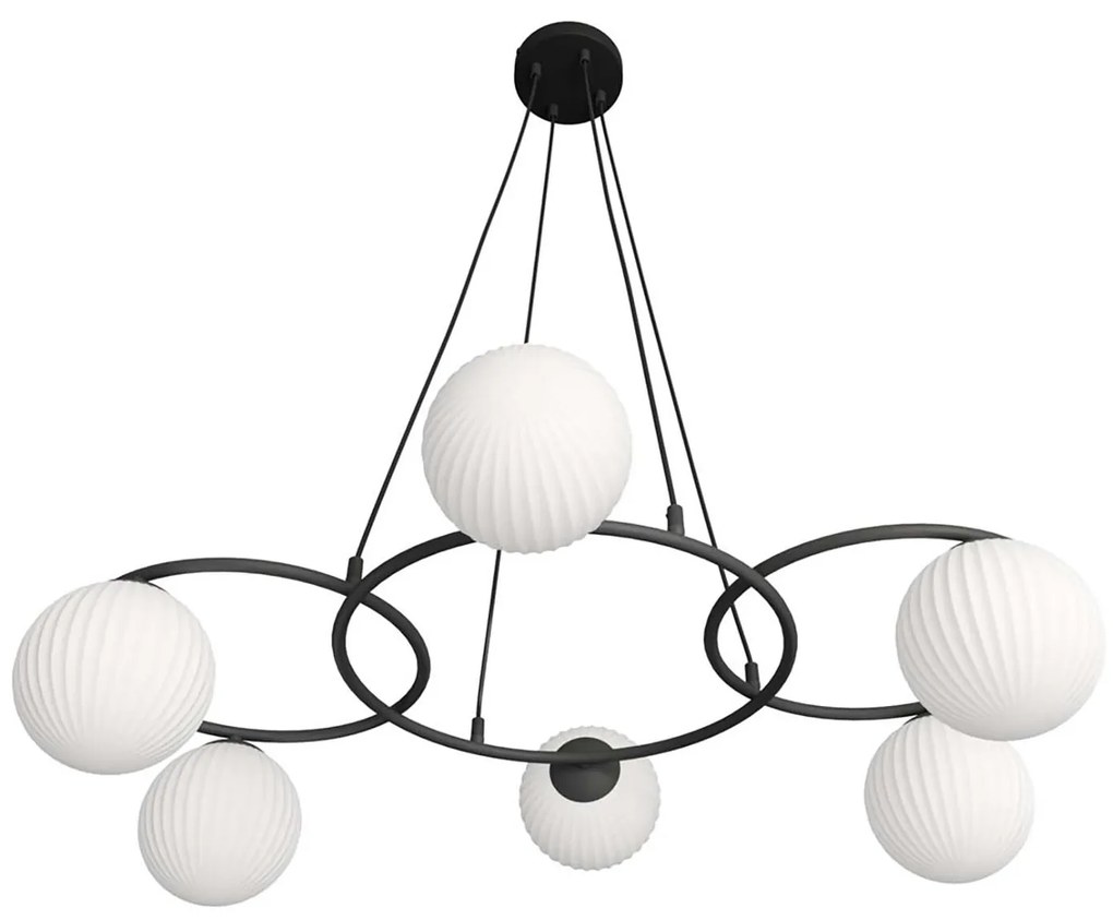 Lampadario 6 Luci Eolo A Cerchi E Diffusori In Vetro Rigato Opale