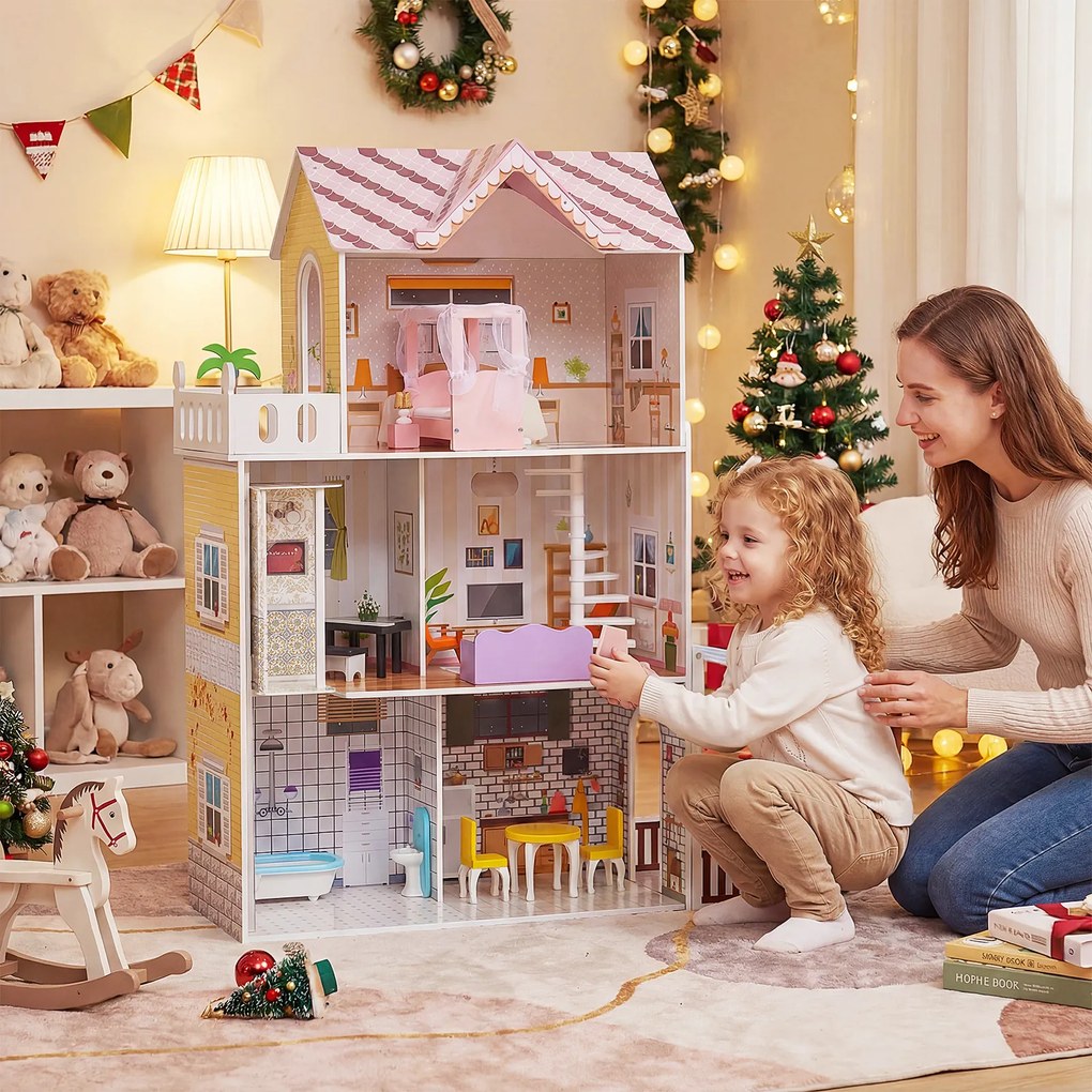 Costway Casa bambole legno 3 piani fai-da-te 16 accessori arredamento aperta, Casa bambole balcone giardino bambini bambine 3+ anni