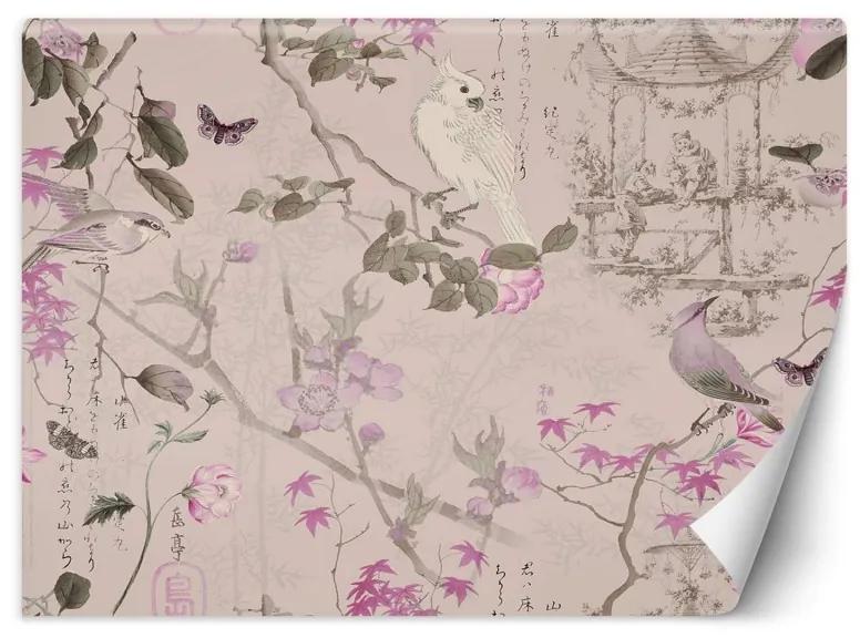 Carta Da Parati, Uccelli e fiori rosa Boho