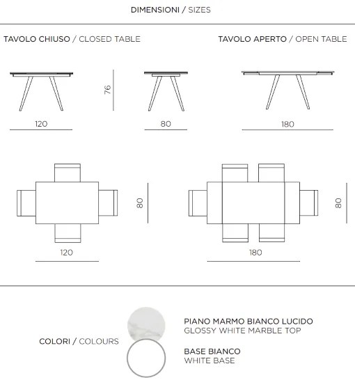 Tavolo con piano effetto Marmo Bianco base metallo allungabile fino a 180 cm ORESTE