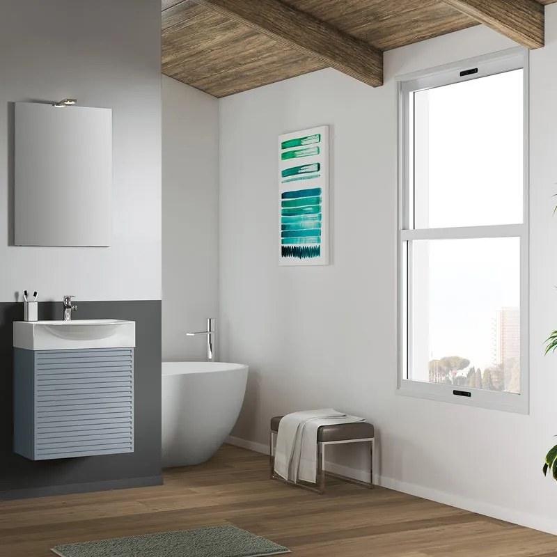 Mobile sottolavabo, lavabo e specchio con illuminazione Mini50s per vasca centrale laccato opaco indaco L 50 x H 58 x P 40 cm, 1 anta