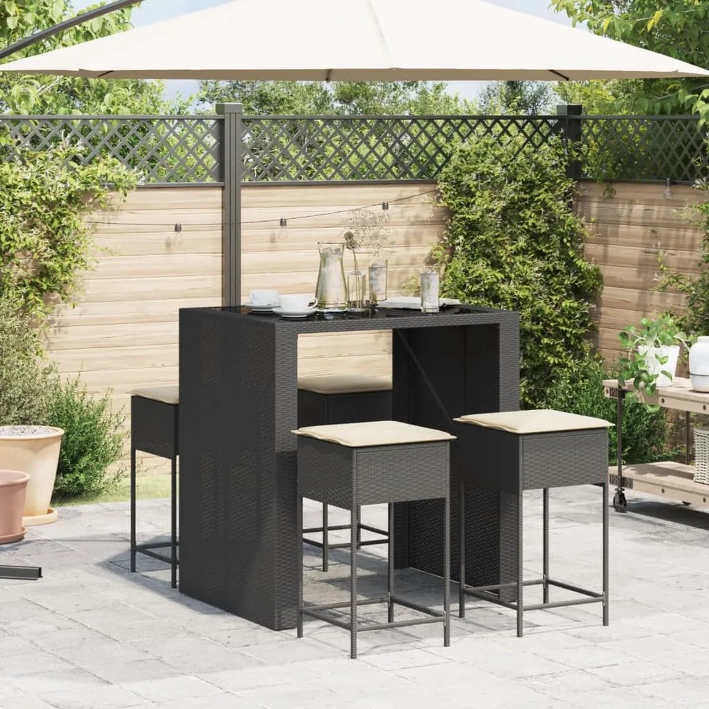 Set bar da giardino 5 pz con cuscini in polyrattan nero