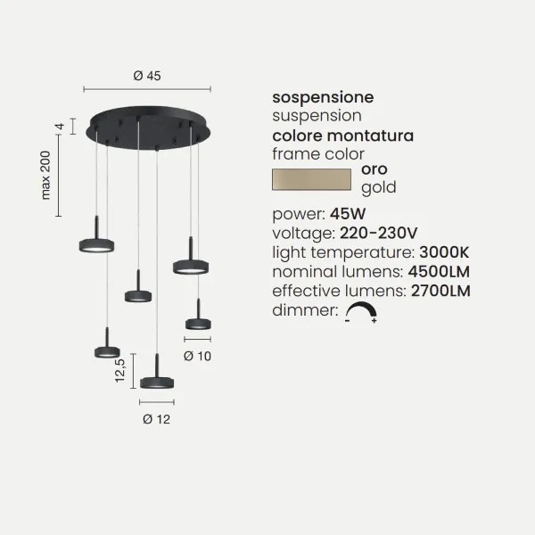 Lampada a sospensione NINA in metallo verniciato 45 cm Oro 6 Luci Led