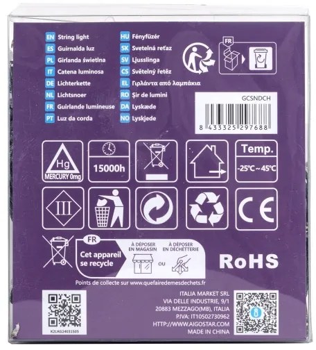 Aigostar-Catena LED natalizia da esterno 300xLED/8 funzioni 3xAA 15,3m IP44 bianco caldo