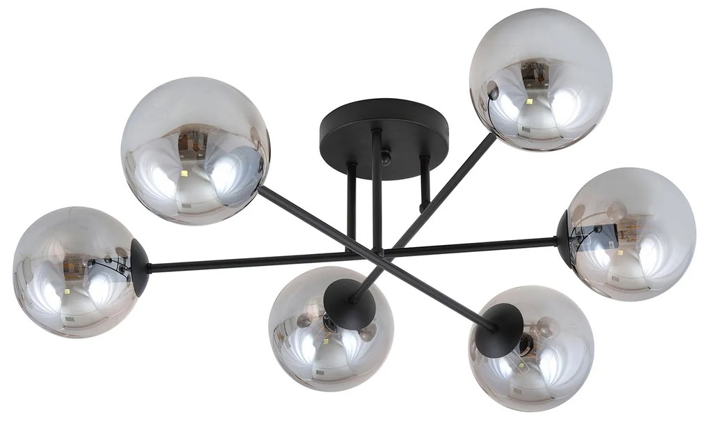 Plafoniera Moderna Morrigan 6 Luci In Acciao Nero E Sfere In Vetro Fumè
