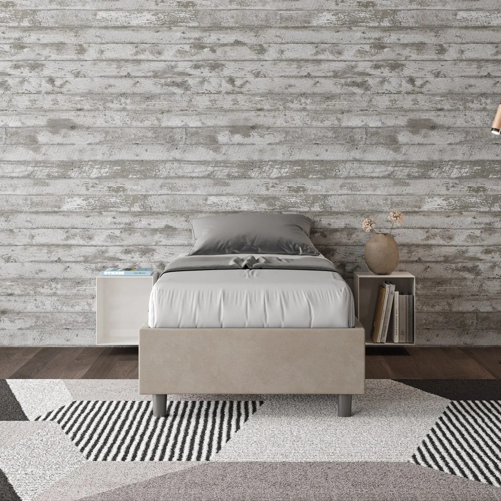 Letto singolo imbottito 80x190 microfibra Azelia senza rete, con rete e contenitore, Sabbia / Contenitore