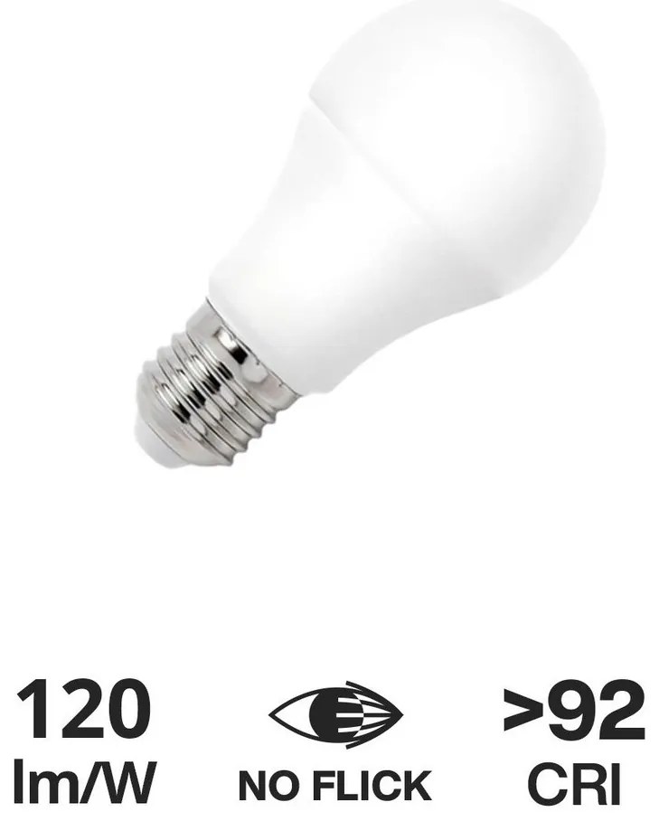 Lampada E27 12W A60 120lm/W CRI92 No Flickering Colore Bianco Caldo 3.000K