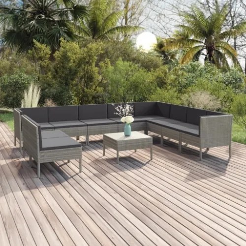 Set Divani da Giardino 11 pz con Cuscini in Polyrattan Grigio