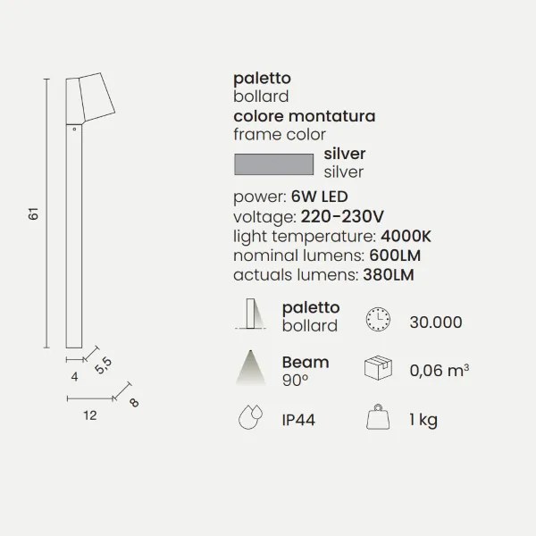 Paletto OWEN per esterni LED in alluminio Silver e diffusore in vetro H61 cm