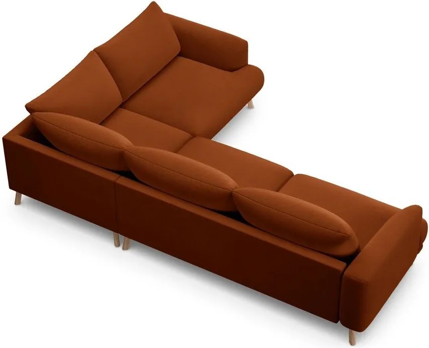Divano angolare color terracotta (con penisola a destra/a L) con rivestimento in velluto Naomi – Micadoni