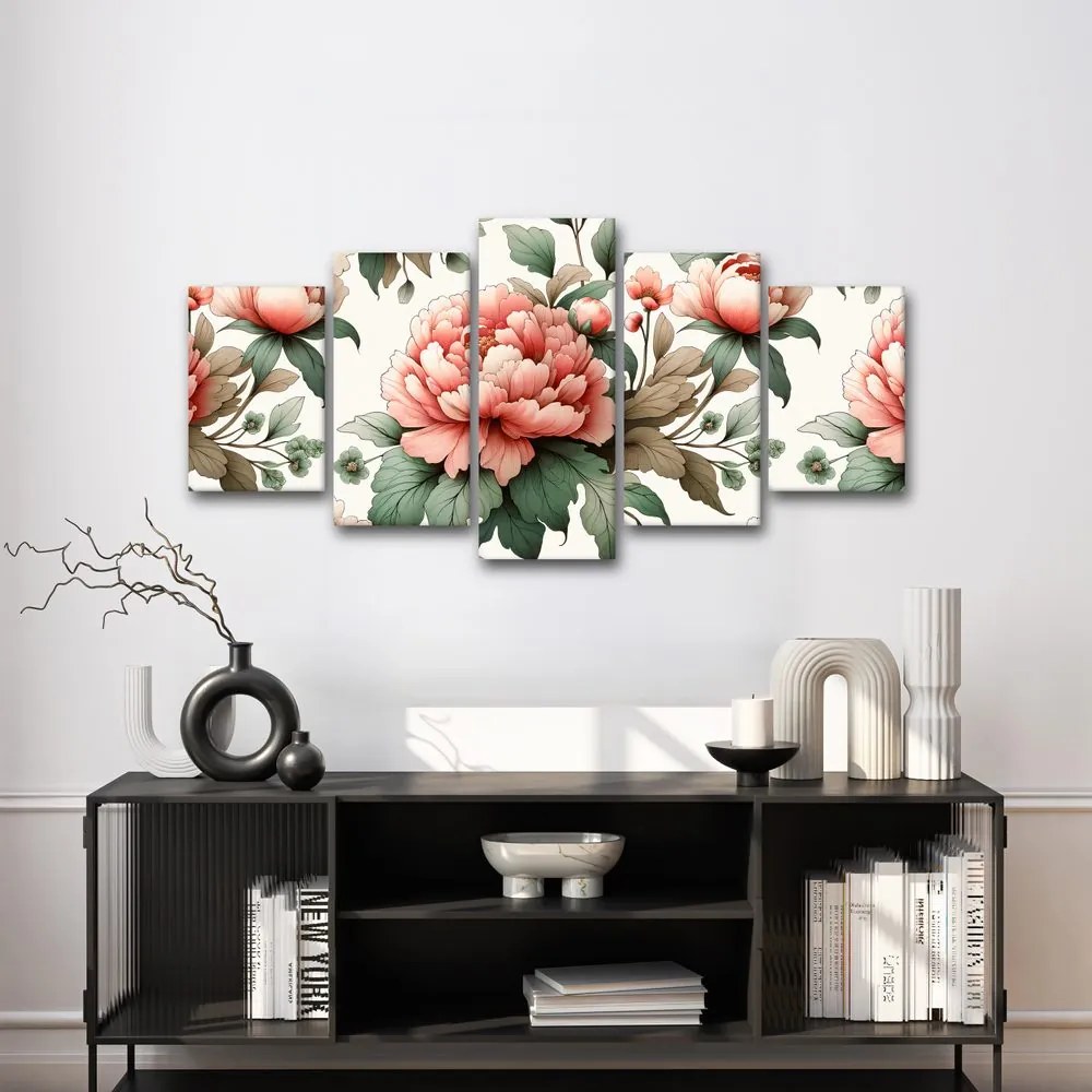 Quadri 5 pezzi – Peonie in tonalità delicate