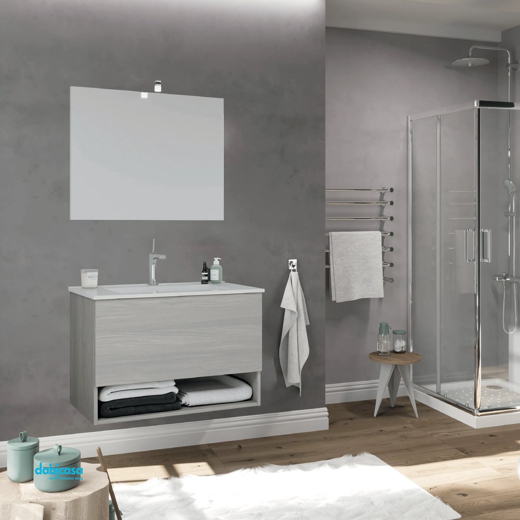 Mobile Bagno Sospeso "Oslo" Da 80 Cm Con Un Cassetto Ed Un Vano a Giorno Lavabo Specchio E Lampada Led In Finitura Rovere Grigio