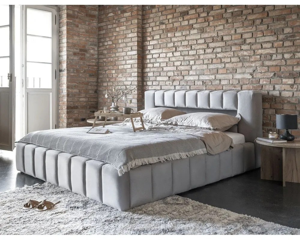 Letto matrimoniale imbottito grigio chiaro con contenitore con rete inclusa 140x200 cm Lamica – ELTAP