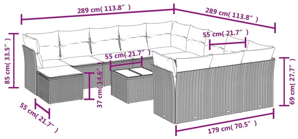 Set divani da giardino 13 pz con cuscini grigio in polyrattan
