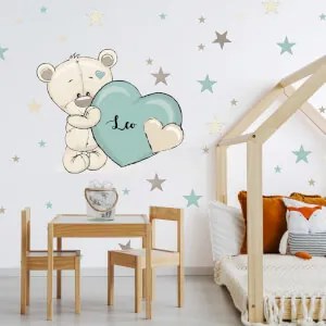 Orsetto grigio turchese con stelle e nome - adesivi da parete | Inspio