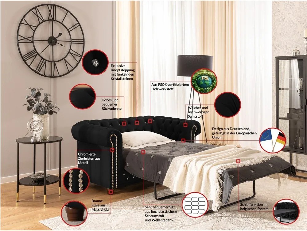 Divano nero allungabile con rivestimento in velluto 148 cm York Blik – Ropez