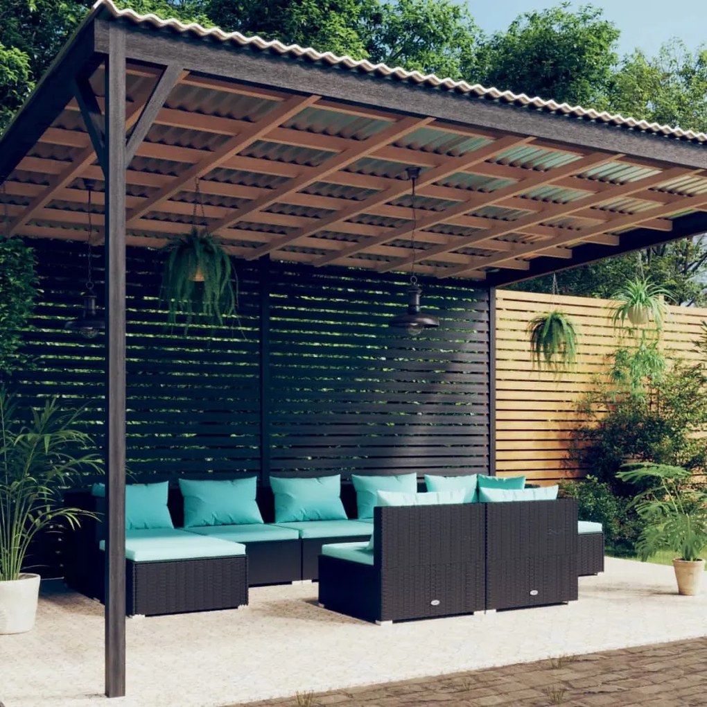 Set divani da giardino 9 pz con cuscini in polyrattan nero