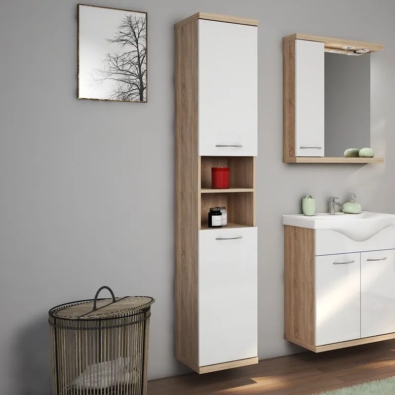 Composizione bagno a terra o sospesa 65 cm bicolore bianco e legno chiaro | LAC-ESTIA-65 - KAMALU