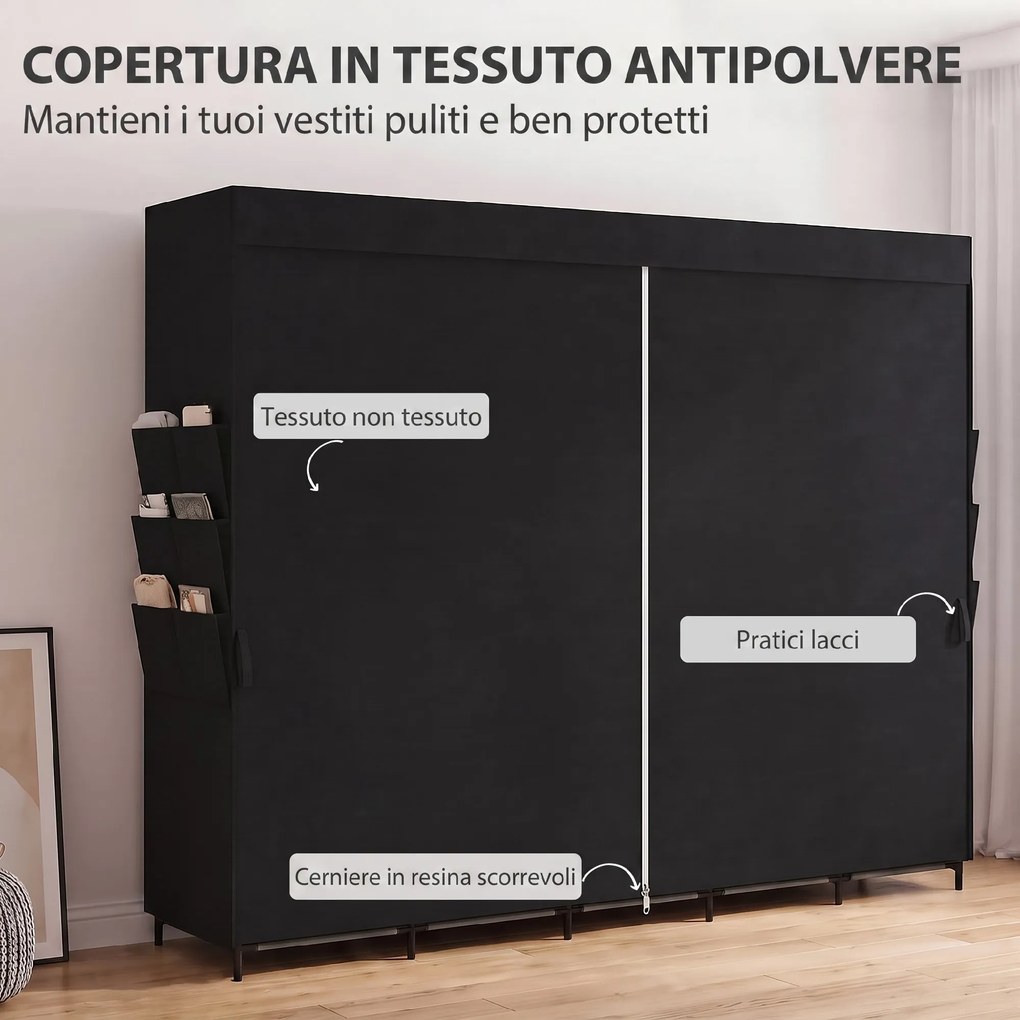 Armadio Salvaspazio 212x45x167 cm con 5 Aste 5 Ripiani 6 Tasche Laterali Ante Antipolvere con Zip in Tessuto Nero...