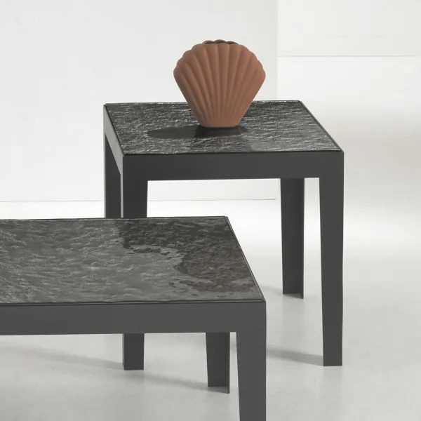Tavolino quadrato 45x45 in metallo e piano vetro martellato - ROSS
