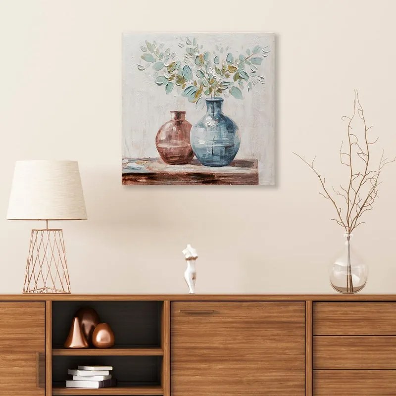 Dipinto su tela Vaso di fiori, blu, rosa 60 x 60 cm