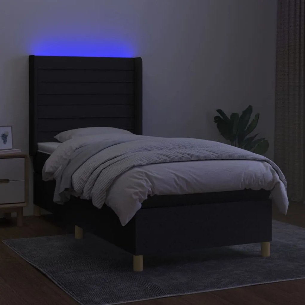 Letto a molle con materasso e led nero 80x200 cm in tessuto