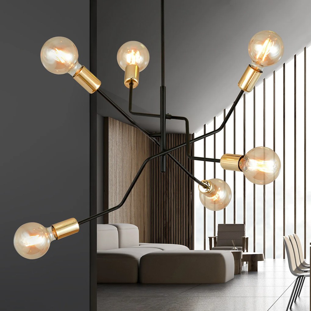 Sospensione Industrial 6 Luci Temi In Acciaio Nero E Oro Bracci Regolabili