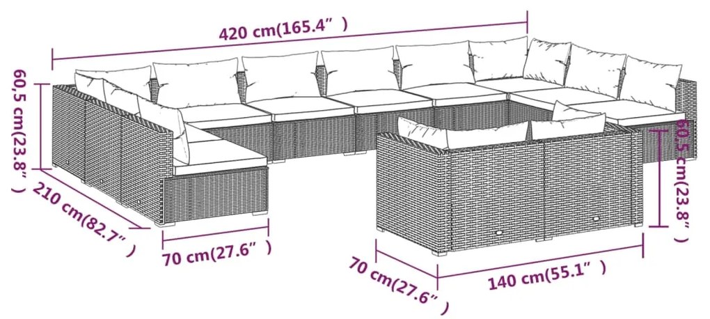 Set Divani da Giardino 12 pz con Cuscini in Polyrattan Nero