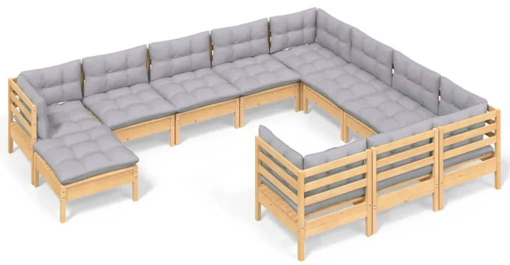 Set divani da giardino 11 pz con cuscini grigi massello di pino