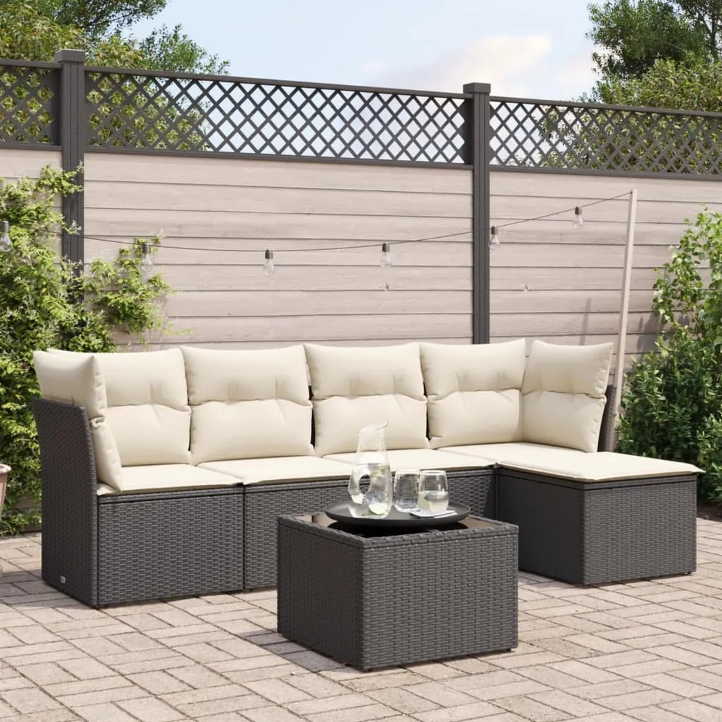 Set Divano da Giardino 6 pz con Cuscini Nero in Polyrattan