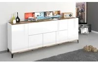 Credenza moderna a 6 ante, Made in Italy, Madia da cucina rialzata, Buffet di design da soggiorno, Cm 200x40h82, Bianco lucido e Acero