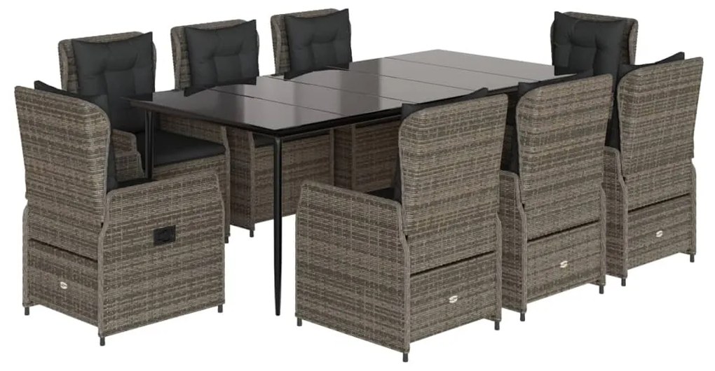 Set da pranzo da giardino 9 pz con cuscini in polyrattan grigio