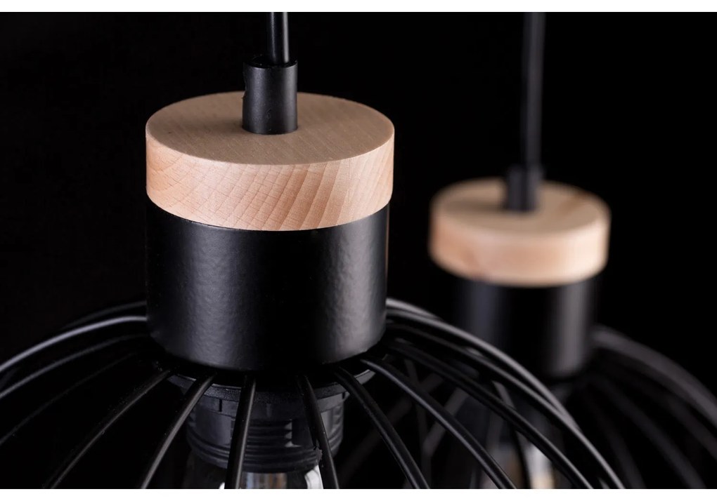 Lampadario 3 Luci Morgana Paralumi A Gabbia In Acciaio Nero E Legno Naturale