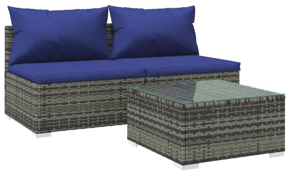 Set divani da giardino con cuscini 3 pz in polyrattan grigio