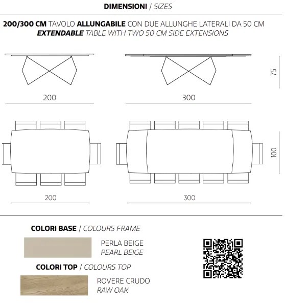 Tavolo allungabile 300 cm con base metallo Beige e piano Rovere Crudo WALL