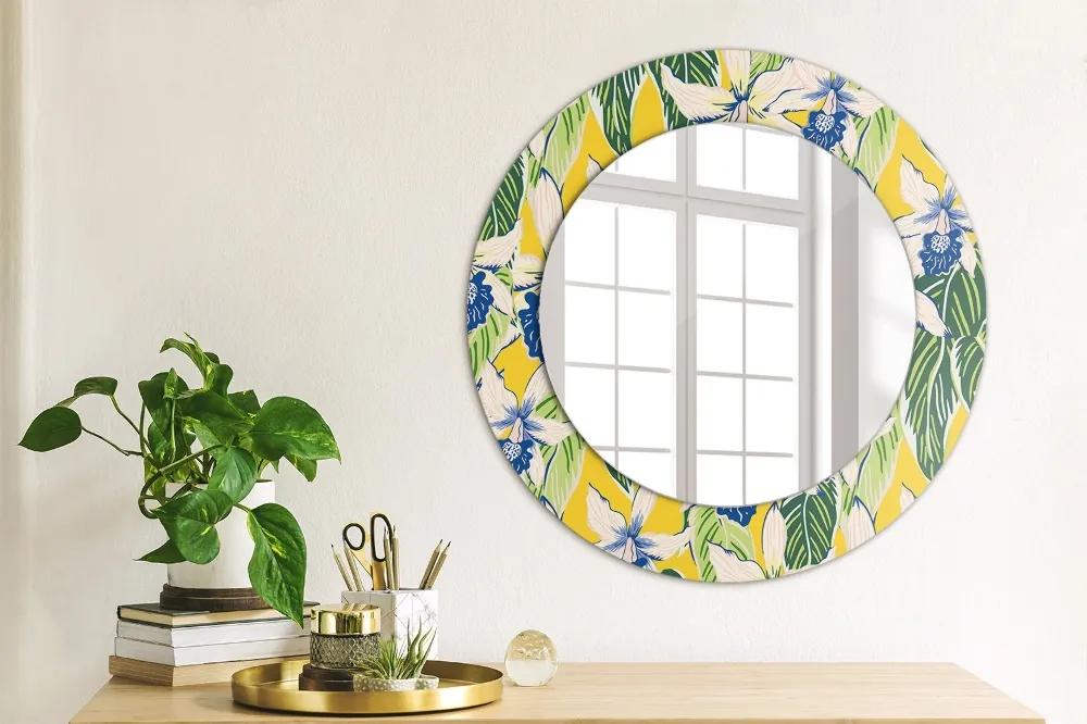 Specchio rotondo cornice con stampa Orchidee blu e gialle fi 50 cm