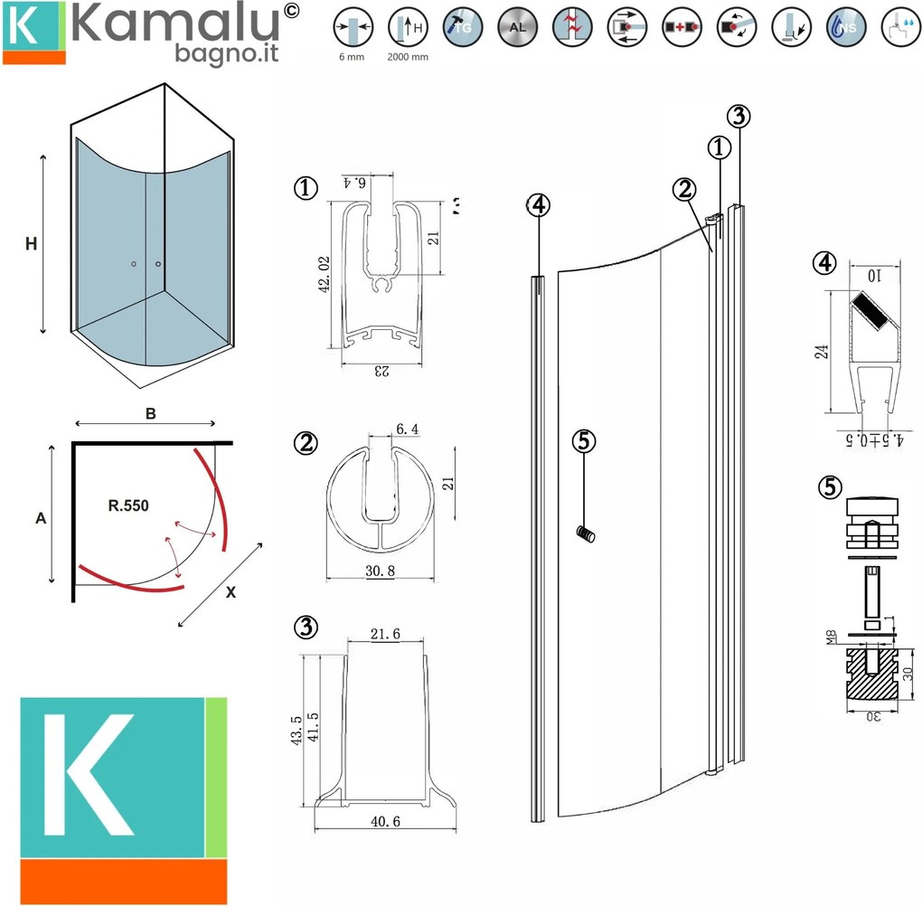 Box doccia semicircolare 90x90 battenti con apertura totale | KS800K - KAMALU