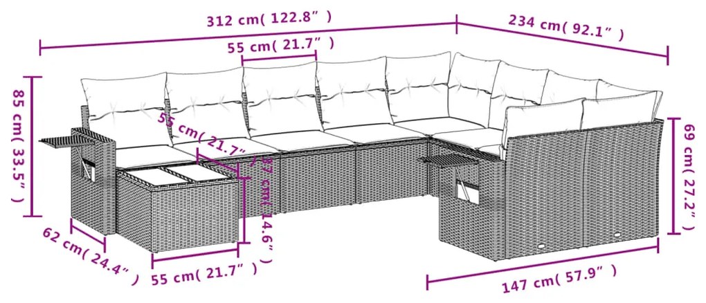 Set Divani da Giardino 10pz con Cuscini in Polyrattan Nero