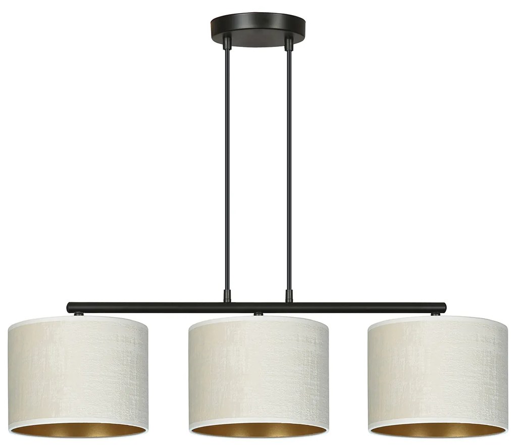 Lampadario 3 Luci Ganesha In Acciaio Nero E Paralumi In Tessuto Beige